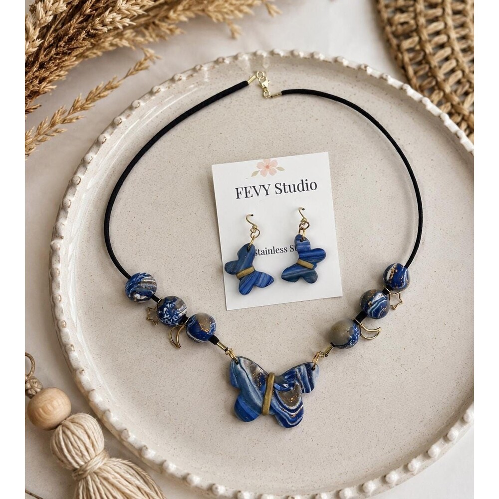 Blue Butterfly Jewelry Set | Polymer Clay Necklace & Earrings | Boho Gift
